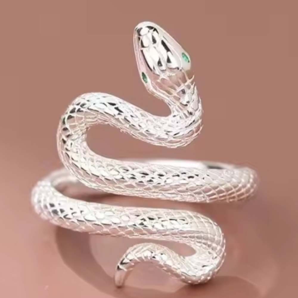 Silver Serpent Ring with Green Accent Adjustable - Picture 2 of 3